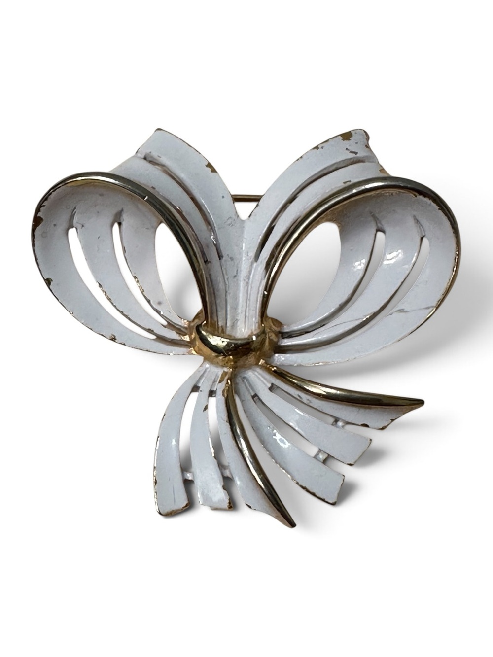 Vintage White Enamel Gold Tone Ribbon Bow Brooch